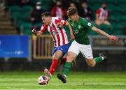 6 August 2021; Joel Coustrain of Treaty United in action against Luke Clucas of Cabinteely during the SSE Airtricity League First Division match between Treaty United and Cabinteely at Markets Field in Limerick. Photo by Michael P Ryan/Sportsfile