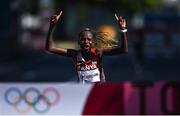 7 August 2021; Peres Jepchirchir of Kenya crosses the finish line to win the women's marathon at Sapporo Odori Park on day 15 during the 2020 Tokyo Summer Olympic Games in Sapporo, Japan. Photo by Ramsey Cardy/Sportsfile