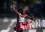 7 August 2021; Peres Jepchirchir of Kenya crosses the finish line to win the women's marathon at Sapporo Odori Park on day 15 during the 2020 Tokyo Summer Olympic Games in Sapporo, Japan. Photo by Ramsey Cardy/Sportsfile