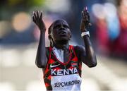 7 August 2021; Peres Jepchirchir of Kenya celebrates after winning the women's marathon at Sapporo Odori Park on day 15 during the 2020 Tokyo Summer Olympic Games in Sapporo, Japan. Photo by Ramsey Cardy/Sportsfile