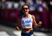 7 August 2021; Molly Seidel of USA celebrates after finishing in third place in the women's marathon at Sapporo Odori Park on day 15 during the 2020 Tokyo Summer Olympic Games in Sapporo, Japan. Photo by Ramsey Cardy/Sportsfile