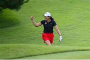 7 August 2021; Albane Valenzuela of Switzerland celebrates after chipping in on the 9th hole during round four of the women's individual stroke play at the Kasumigaseki Country Club during the 2020 Tokyo Summer Olympic Games in Kawagoe, Saitama, Japan. Photo by Stephen McCarthy/Sportsfile