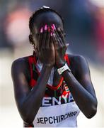 7 August 2021; Peres Jepchirchir of Kenya celebrates winning the women's marathon at Sapporo Odori Park on day 15 during the 2020 Tokyo Summer Olympic Games in Sapporo, Japan.  Photo by Ramsey Cardy/Sportsfile