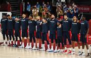 7 August 2021; The France team line up for their national anthem before the men's gold medal match between the USA and France at the Saitama Super Arena during the 2020 Tokyo Summer Olympic Games in Tokyo, Japan. Photo by Brendan Moran/Sportsfile