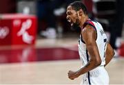 7 August 2021; Kevin Durant of USA celebrates scoring a basket during the men's gold medal match between the USA and France at the Saitama Super Arena during the 2020 Tokyo Summer Olympic Games in Tokyo, Japan. Photo by Brendan Moran/Sportsfile