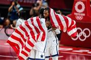 7 August 2021; Kevin Durant of USA celebrates with team-mate Bam Adebayo after the men's gold medal match between the USA and France at the Saitama Super Arena during the 2020 Tokyo Summer Olympic Games in Tokyo, Japan. Photo by Brendan Moran/Sportsfile