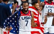 7 August 2021; Kevin Durant of USA celebrates after the men's gold medal match between the USA and France at the Saitama Super Arena during the 2020 Tokyo Summer Olympic Games in Tokyo, Japan. Photo by Brendan Moran/Sportsfile