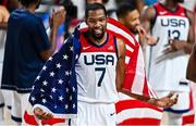 7 August 2021; Kevin Durant of USA celebrates after the men's gold medal match between the USA and France at the Saitama Super Arena during the 2020 Tokyo Summer Olympic Games in Tokyo, Japan. Photo by Brendan Moran/Sportsfile