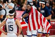 7 August 2021; Kevin Durant of USA celebrates with team-mates after the men's gold medal match between the USA and France at the Saitama Super Arena during the 2020 Tokyo Summer Olympic Games in Tokyo, Japan. Photo by Brendan Moran/Sportsfile