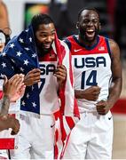 7 August 2021; Kevin Durant, left, and Draymond Green of USA celebrate after the men's gold medal match between the USA and France at the Saitama Super Arena during the 2020 Tokyo Summer Olympic Games in Tokyo, Japan. Photo by Brendan Moran/Sportsfile