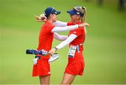 7 August 2021; Nelly Korda of USA, left, is congratulated by her sister Jessica Korda after winning the women's individual stroke play at the Kasumigaseki Country Club during the 2020 Tokyo Summer Olympic Games in Kawagoe, Saitama, Japan. Photo by Stephen McCarthy/Sportsfile