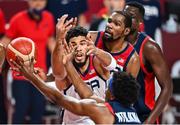 7 August 2021; Kevin Durant of USA contests possession with team-mate Jayson Tatum and Frank Ntilikina of France during the men's gold medal match between the USA and France at the Saitama Super Arena during the 2020 Tokyo Summer Olympic Games in Tokyo, Japan. Photo by Brendan Moran/Sportsfile