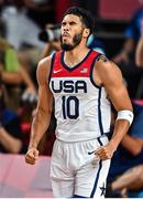 7 August 2021; Jayson Tatum of USA celebrates during the men's gold medal match between the USA and France at the Saitama Super Arena during the 2020 Tokyo Summer Olympic Games in Tokyo, Japan. Photo by Brendan Moran/Sportsfile