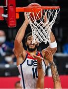 7 August 2021; Jayson Tatum of USA shoots a basket over Evan Fournier of France during the men's gold medal match between the USA and France at the Saitama Super Arena during the 2020 Tokyo Summer Olympic Games in Tokyo, Japan. Photo by Brendan Moran/Sportsfile