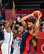7 August 2021; Rudy Gobert of France in action against Khris Middleton, left, and Damian Lillard of USA during the men's gold medal match between the USA and France at the Saitama Super Arena during the 2020 Tokyo Summer Olympic Games in Tokyo, Japan. Photo by Brendan Moran/Sportsfile