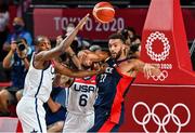 7 August 2021; Rudy Gobert of France in action against Khris Middleton, left, and Damian Lillard of USA during the men's gold medal match between the USA and France at the Saitama Super Arena during the 2020 Tokyo Summer Olympic Games in Tokyo, Japan. Photo by Brendan Moran/Sportsfile