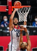 7 August 2021; Jayson Tatum of USA shoots a basket over Evan Fournier of France during the men's gold medal match between the USA and France at the Saitama Super Arena during the 2020 Tokyo Summer Olympic Games in Tokyo, Japan. Photo by Brendan Moran/Sportsfile