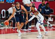 7 August 2021; Nicolas Batum of France in action against Damian Lillard of USA during the men's gold medal match between the USA and France at the Saitama Super Arena during the 2020 Tokyo Summer Olympic Games in Tokyo, Japan. Photo by Brendan Moran/Sportsfile
