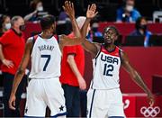 7 August 2021; Jrue Holiday, right, and Kevin Durant of USA during the men's gold medal match between the USA and France at the Saitama Super Arena during the 2020 Tokyo Summer Olympic Games in Tokyo, Japan. Photo by Brendan Moran/Sportsfile