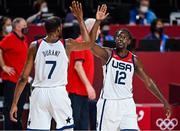 7 August 2021; Jrue Holiday, right, and Kevin Durant of USA during the men's gold medal match between the USA and France at the Saitama Super Arena during the 2020 Tokyo Summer Olympic Games in Tokyo, Japan. Photo by Brendan Moran/Sportsfile