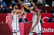 7 August 2021; Jayson Tatum, left, and Kevin Durant of USA during the men's gold medal match between the USA and France at the Saitama Super Arena during the 2020 Tokyo Summer Olympic Games in Tokyo, Japan. Photo by Brendan Moran/Sportsfile