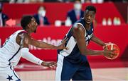 7 August 2021; Moustapha Fall of France in action against Bam Adebayo of USA during the men's gold medal match between the USA and France at the Saitama Super Arena during the 2020 Tokyo Summer Olympic Games in Tokyo, Japan. Photo by Brendan Moran/Sportsfile