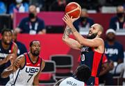 7 August 2021; Evan Fournier of France in action against Kevin Durant of USA during the men's gold medal match between the USA and France at the Saitama Super Arena during the 2020 Tokyo Summer Olympic Games in Tokyo, Japan. Photo by Brendan Moran/Sportsfile