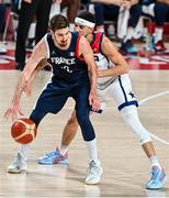 7 August 2021; Nando de Colo of France in action against Devin Booker of USA during the men's gold medal match between the USA and France at the Saitama Super Arena during the 2020 Tokyo Summer Olympic Games in Tokyo, Japan. Photo by Brendan Moran/Sportsfile
