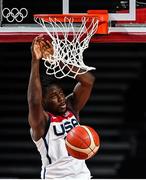 7 August 2021; Jrue Holiday of USA dunks the ball during the men's gold medal match between the USA and France at the Saitama Super Arena during the 2020 Tokyo Summer Olympic Games in Tokyo, Japan. Photo by Brendan Moran/Sportsfile