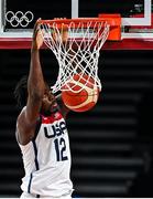 7 August 2021; Jrue Holiday of USA dunks the ball during the men's gold medal match between the USA and France at the Saitama Super Arena during the 2020 Tokyo Summer Olympic Games in Tokyo, Japan. Photo by Brendan Moran/Sportsfile
