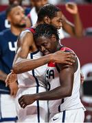 7 August 2021; Kevin Durant, left, and Jrue Holiday of USA celebrate after the men's gold medal match between the USA and France at the Saitama Super Arena during the 2020 Tokyo Summer Olympic Games in Tokyo, Japan. Photo by Brendan Moran/Sportsfile