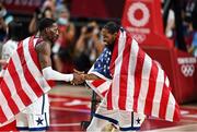 7 August 2021; Bam Adebayo, left, and Kevin Durant of USA celebrate after the men's gold medal match between the USA and France at the Saitama Super Arena during the 2020 Tokyo Summer Olympic Games in Tokyo, Japan. Photo by Brendan Moran/Sportsfile