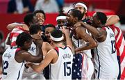 7 August 2021; The USA team celebrate victory in the men's gold medal match between the USA and France at the Saitama Super Arena during the 2020 Tokyo Summer Olympic Games in Tokyo, Japan. Photo by Brendan Moran/Sportsfile
