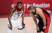 7 August 2021; Kevin Durant of USA, left, and Nicolas Batum of France during the men's gold medal match between the USA and France at the Saitama Super Arena during the 2020 Tokyo Summer Olympic Games in Tokyo, Japan. Photo by Brendan Moran/Sportsfile