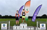 6 August 2021; Boy's U19 400m Hurdles medallists, from left, Rory Ardiff of Le Cheile AC, Kildare, silver, and Ryan Canning of Letterkenny AC, Donegal, gold, during day one of the Irish Life Health National Juvenile Track & Field Championships at Tullamore Harriers Stadium in Tullamore, Offaly. Photo by Sam Barnes/Sportsfile