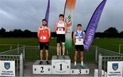 6 August 2021; Boy's U18 400m Hurdles medallists, from left, Finlay Stewart of City of Lisburn AC, Down, silver, Conor Hoade of Galway City Harriers AC, gold, and Kieran Cooper of St Laurence O'Toole AC, Carlow, bronze, during day one of the Irish Life Health National Juvenile Track & Field Championships at Tullamore Harriers Stadium in Tullamore, Offaly. Photo by Sam Barnes/Sportsfile