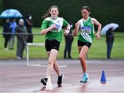 6 August 2021; India Cunniffe of Tuam AC, Galway, left, and Lily Ryan of St Joseph's AC, Kilkenny, competing in the Girl's U14 2000m Walk during day one of the Irish Life Health National Juvenile Track & Field Championships at Tullamore Harriers Stadium in Tullamore, Offaly. Photo by Sam Barnes/Sportsfile