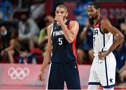7 August 2021; Nicolas Batum of France, left, and Kevin Durant of USA during the men's gold medal match between the USA and France at the Saitama Super Arena during the 2020 Tokyo Summer Olympic Games in Tokyo, Japan. Photo by Brendan Moran/Sportsfile