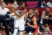 7 August 2021; Kevin Durant of USA in action against Nicolas Batum of France during the men's gold medal match between the USA and France at the Saitama Super Arena during the 2020 Tokyo Summer Olympic Games in Tokyo, Japan. Photo by Brendan Moran/Sportsfile