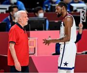 7 August 2021; USA head coach Gregg Popovich with Kevin Durant during the men's gold medal match between the USA and France at the Saitama Super Arena during the 2020 Tokyo Summer Olympic Games in Tokyo, Japan. Photo by Brendan Moran/Sportsfile