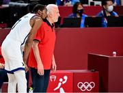 7 August 2021; USA head coach Gregg Popovich with Kevin Durant during the men's gold medal match between the USA and France at the Saitama Super Arena during the 2020 Tokyo Summer Olympic Games in Tokyo, Japan. Photo by Brendan Moran/Sportsfile