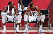 7 August 2021; Bam Adebayo of USA, left, and Kevin Durant of USA during the men's gold medal match between the USA and France at the Saitama Super Arena during the 2020 Tokyo Summer Olympic Games in Tokyo, Japan. Photo by Brendan Moran/Sportsfile