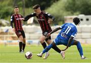 7 August 2021; Dawson Devoy of Bohemians in action against Junior Quitirna of Waterford during the SSE Airtricity League Premier Division match between Waterford and Bohemians at RSC in Waterford. Photo by Matt Browne/Sportsfile