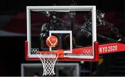 7 August 2021; A general view of the backboard, ring and basketball during the men's gold medal match between the USA and France at the Saitama Super Arena during the 2020 Tokyo Summer Olympic Games in Tokyo, Japan. Photo by Brendan Moran/Sportsfile