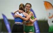 7 August 2021; Renee Crotty of Annalee AC, Cavan, right, celebrates after winning the Girl's U17 200m with Aobh Forde of Ratoath AC, Meath, during day two of the Irish Life Health National Juvenile Track & Field Championships at Tullamore Harriers Stadium in Tullamore, Offaly. Photo by Sam Barnes/Sportsfile