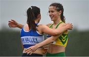 7 August 2021; Renee Crotty of Annalee AC, Cavan, right, celebrates after winning the Girl's U17 200m with Hannah Murray of Finn Valley AC, Donegal, during day two of the Irish Life Health National Juvenile Track & Field Championships at Tullamore Harriers Stadium in Tullamore, Offaly. Photo by Sam Barnes/Sportsfile