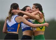 7 August 2021; Renee Crotty of Annalee AC, Cavan, right, celebrates after winning the Girl's U17 200m with Hannah Murray of Finn Valley AC, Donegal, centre, and Aobh Forde of Ratoath AC, Meath, left, during day two of the Irish Life Health National Juvenile Track & Field Championships at Tullamore Harriers Stadium in Tullamore, Offaly. Photo by Sam Barnes/Sportsfile