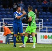 7 August 2021; Phoenix Patterson of Waterford and Waterford goalkeeper Brian Murphy celebrate after the SSE Airtricity League Premier Division between Waterford and Bohemians at RSC in Waterford. Photo by Matt Browne/Sportsfile