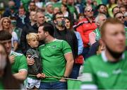 7 August 2021; Limerick supporters during Amhrán na bhFiann before the GAA Hurling All-Ireland Senior Championship semi-final match between Limerick and Waterford at Croke Park in Dublin. Photo by Seb Daly/Sportsfile