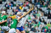 7 August 2021; Shane Bennett of Waterford in action against Séamus Flanagan of Limerick during the GAA Hurling All-Ireland Senior Championship semi-final match between Limerick and Waterford at Croke Park in Dublin. Photo by Eóin Noonan/Sportsfile
